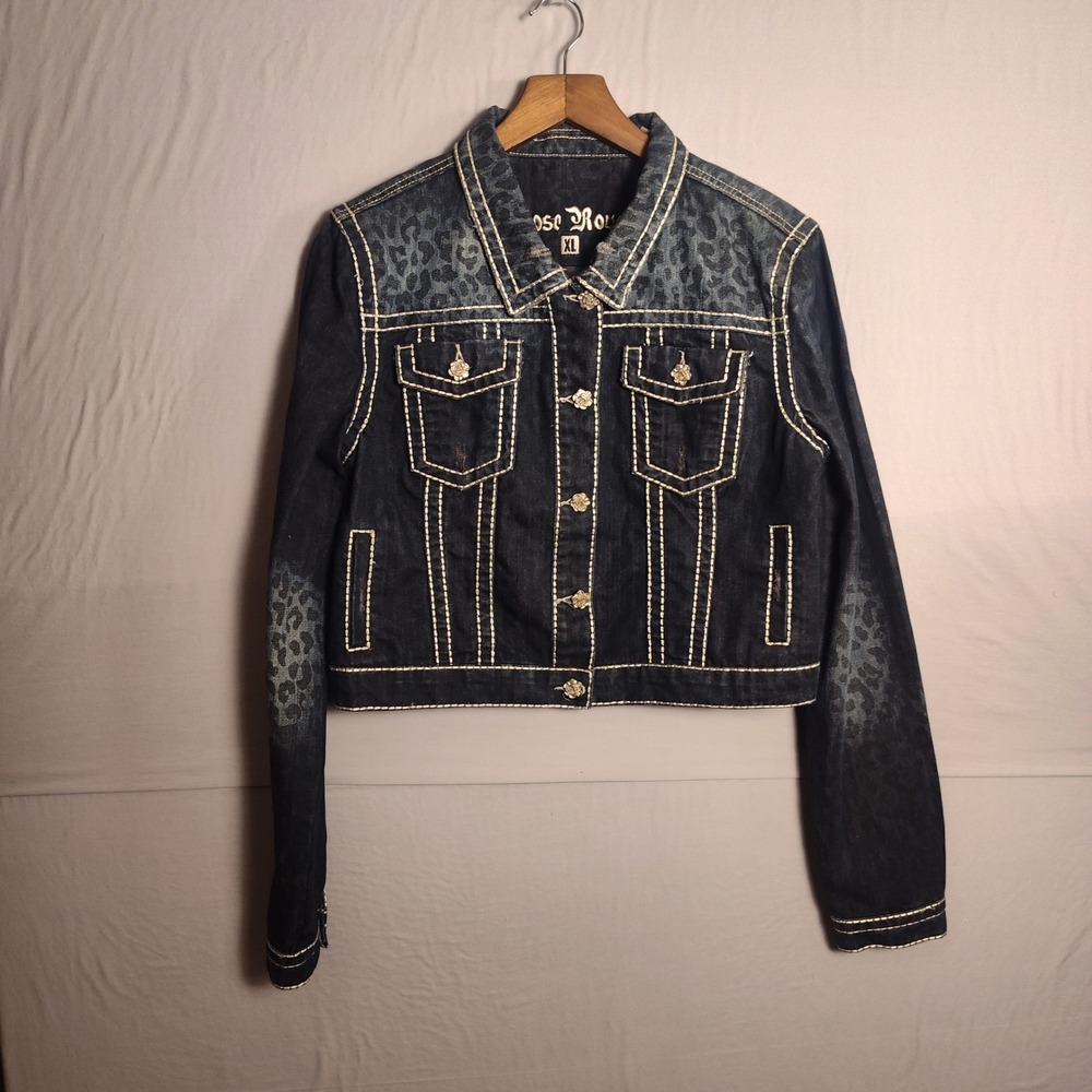 Rose Royce Denim Jacket XL Dark Wash Leopard Print Rhinestone Cross Y2K Cropped